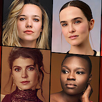 Collage of four women facing the camera, each in different portrait settings: dark, light, and brown backgrounds, with varied hair styles and expressions, arranged in separate rectangular frames.