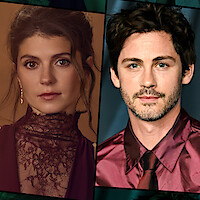 A woman in an elegant lace dress and a man in a maroon shirt and tie pose separately for portraits, both facing forward against simple, softly lit backgrounds.