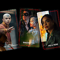 Three cards show: a bald person in monk attire posing in a dramatic outdoor scene (Avatar: The Last Airbender), a masked couple at a masquerade ball (Bridgerton), and a woman in a green jacket indoors (His & Hers).