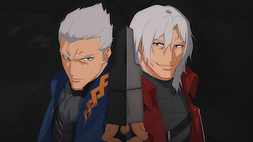 Two white-haired anime men stand back to back, one in blue and one in red, with a large sword between them. The background is dark, giving the scene an intense and dramatic atmosphere.