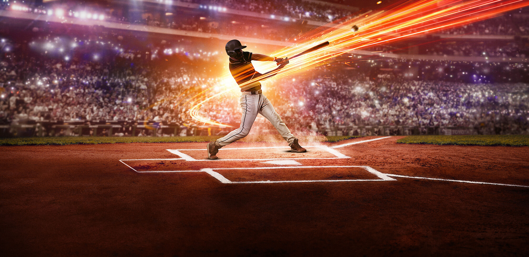 Baseball player hitting a ball with dramatic light trails in a packed stadium at night, crowd in the background cheering under bright lights.