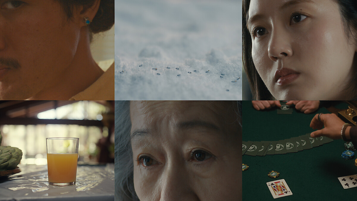 Collage of six scenes: close-ups of a man and woman, ants on a snowy surface, a glass of juice on a table, an elderly woman's eyes, and hands dealing cards at a poker table.