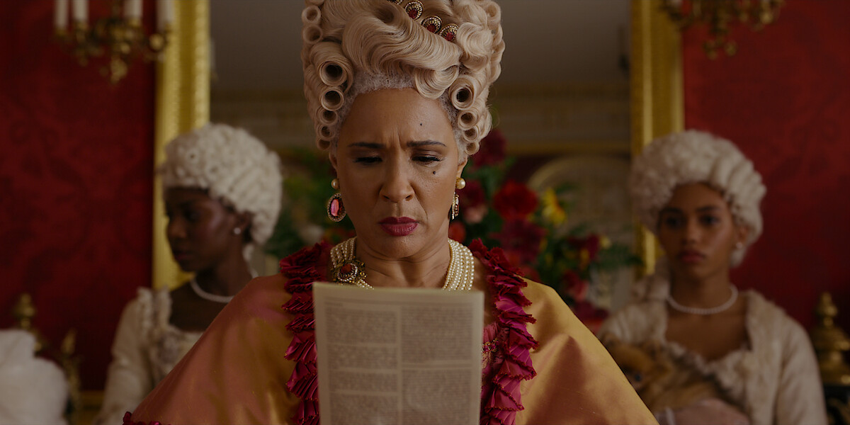 Lady Danbury looking at a paper