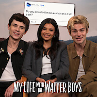 Cast of 'My Life with the Walter Boys' answering fan questions during an interview with social media tweets displayed above them.