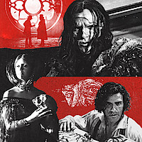 A collage of dramatic scenes showing a woman in period dress, a bloodied figure, a man beside a humanlike machine, and surreal sketches, all set in a dark, intense atmosphere with red and black tones.