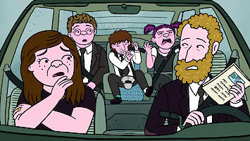 Lisa Edelstein as Naomi Schwartz, Ben Feldman as Avi Schwooper, Max Greenfield as Yoshi Schwooper, Abbi Jacobson as Shira Schwooper and Paul Reiser as Elliot Cooper in 'Long Story Short'