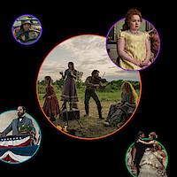 Five scenes: people in period clothing. Center: outdoor field, musicians and women. Surrounding: woman in yellow dress indoors, man at podium with flags, boy and woman in carriage, couple dancing in ballroom.