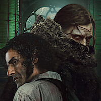 Two men stand back to back in a dark, gothic room with a large window and stormy light outside. One looks defiant, the other wears a cloak and looks intense. The mood is tense and mysterious.