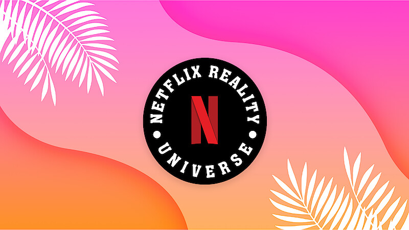 Graphic with wavy lines in pink and orange with Netflix Reality Universe logo in the center.