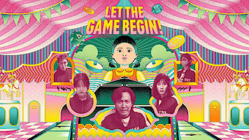 Colorful illustration with LET THE GAME BEGIN! text displaying characters and games from Squid Game in a carnival-like setting