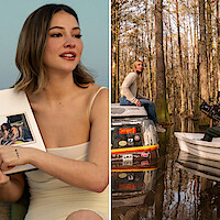 Yearbook: Madelyn Cline holding up book next to image of her on set during production (on top of a submerged car with camera crew)