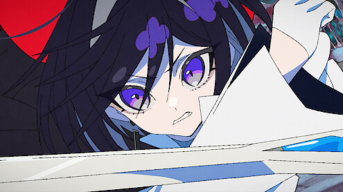 Anime-style character with intense purple eyes and dark hair, wearing a white outfit, is preparing to strike with a sword in an action scene with a dramatic red and dark background.