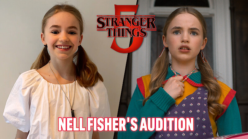 Duas imagens de Nell Fisher: uma sorrindo, com uma blusa branca; outra com expressão surpresa, com roupas coloridas. Com texto indicando ‘Stranger Things 5’ e ‘Audição de Nell Fisher’ em letras iluminadas, com tom dramático esperançoso.
