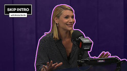 Claire Danes smiles while speaking into a podcast microphone in a purple studio, outlined with a neon accent, with a “Skip Intro with Krista Smith” graphic in the corner.