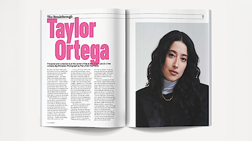 Magazine spread featuring an article about Taylor Ortega, with bold pink headline and a portrait of a woman with long dark hair, wearing a black outfit and gold necklace, against a simple light background.