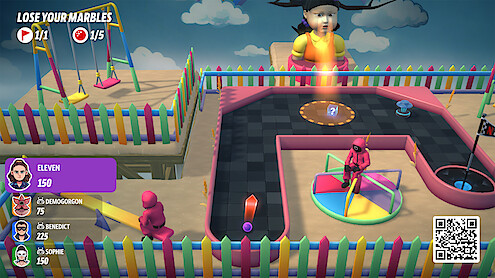 Colorful game scene with four characters in a fenced play area, featuring swings, a spinning wheel, and a large doll. Game stats and avatars on the left; a QR code on the bottom right. Cloudy blue sky background.