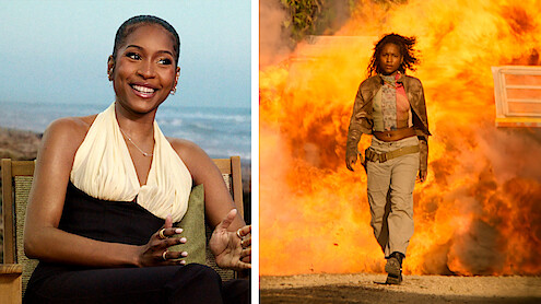 Iconic Scenes: Carlacia Grant next to still from OBX show (woman walking in front of explosion)