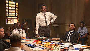 Rustin. (L to R) Frank Harts as Jim Farmer, Glynn Turman as A Philip Randolph, Colman Domingo as Bayard Rustin, Maxwell Whittington-Cooper as John Lewis, Melissa Rakiro as Yvette, and CCH Pounder as Dr. Anna Hedgeman in Rustin. Cr. David Lee/Netflix © 2023