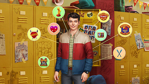Illustrative game art for the mobile game 'Netflix Stories: Sex Education', featuring a male game character standing in front of some yellow school lockers.