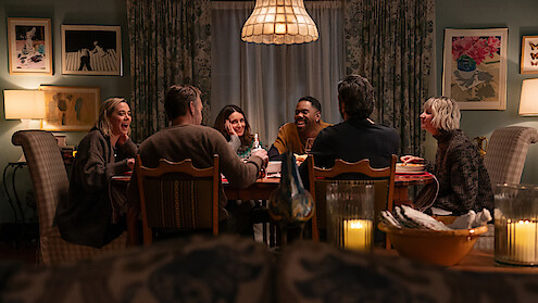 Erica Henningsen as Ginny, Will Forte as Jack, Tina Fey as Kate, Colman Domingo as Danny, Marco Calvani as Claude, and Kerri Kenney as Anne sit at a dining room table in 'The Four Seasons' Season 1.