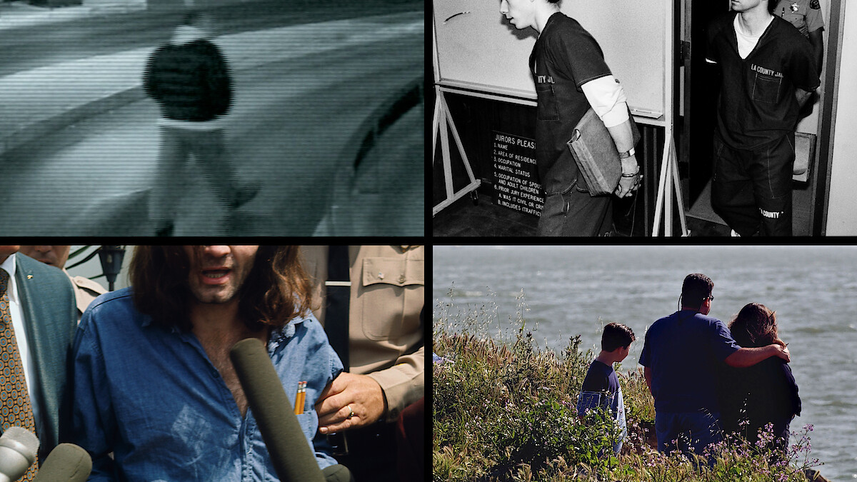 Four-panel collage showing surveillance footage, inmates with clipboard, person holding documents at a press conference, and family overlooking water.