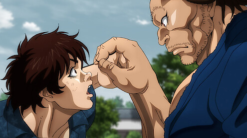 Legendary swordsman Musashi Miyamoto intercepts Baki Hanma's punch, to Baki's surprise.