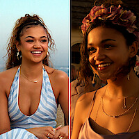 S1+Auditions: Madison Bailey in blue dress next to still from Outer Banks Show of character wearing flower crown. 