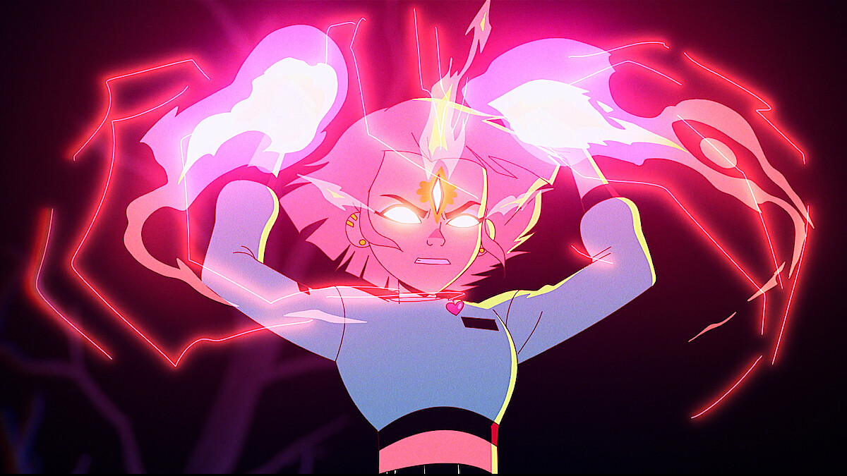 Jentry Chau raises her glowing pink fists with her eyes glowing white in 'Jentry Chau vs. the Underworld'