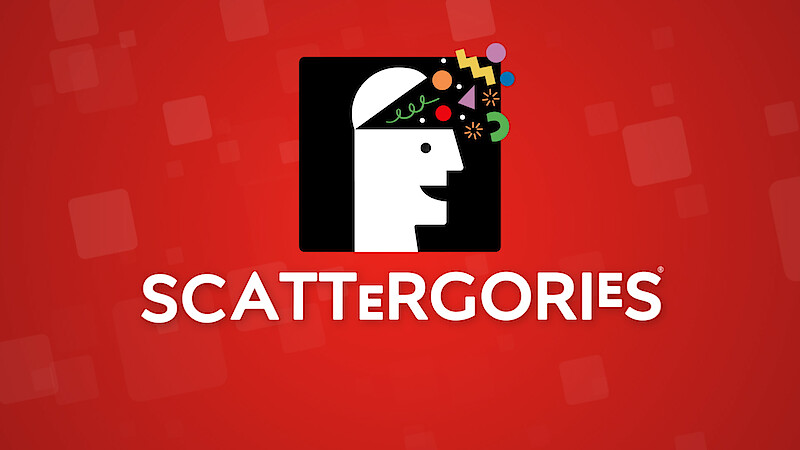 Scattergories game logo on a red background with a stylized head silhouette, colorful shapes around its head, and the word SCATTERGORIES in bold white letters below.