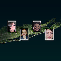 Photos of victims in the Gilgo Beach murder case, over a map of the area