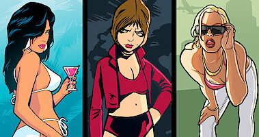 An illustration of three characters from the Grand Theft Auto game franchise