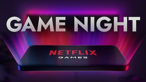 A glowing smartphone with "NETFLIX GAMES" on the screen sits under bold "GAME NIGHT" text, colorful neon lights create an energetic, playful atmosphere, suggesting a fun night of Netflix gaming.