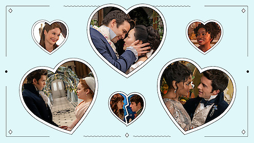 Collage of romantic couples and individuals in period costumes arranged in heart shapes, set against a light blue background, evoking a historical romance theme with ornate interiors and affectionate expressions.