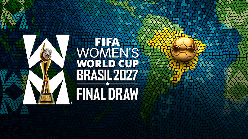 FIFA Women’s World Cup Brasil 2027 Final Draw graphic with tournament trophy, mosaic-style map showing Brazil highlighted, and a golden soccer ball over South America.