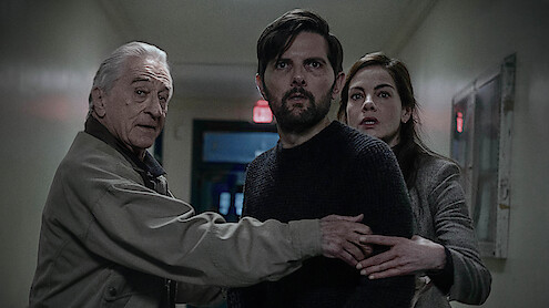 The Whisper Man. (L-R) Robert De Niro as Peter Willis, Adam Scott as Tom Kennedy and Michelle Monaghan as Amanda Beck in The Whisper Man. Cr. David Lee/Netflix © 2026