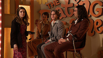 From left to right, Anna Kendrick, Matt Visser, Jedidiah Goodacre, and Daniel Zovatto on the set of The Dating Game Show.