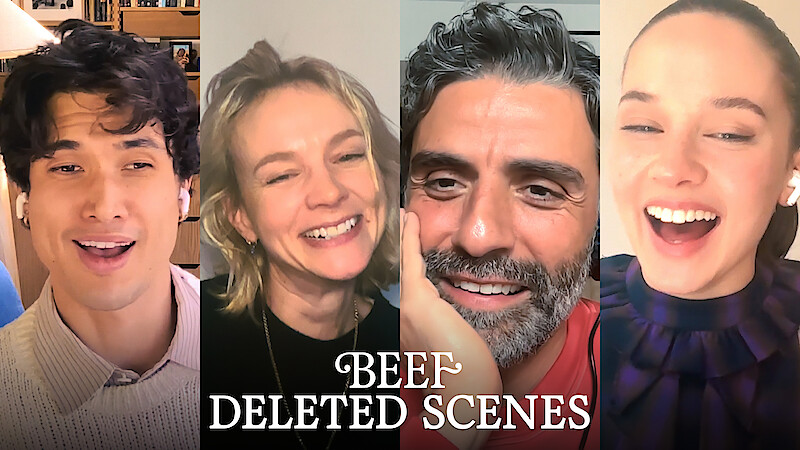 Charles Melton, Carey Mulligan, Oscar Isaac, Cailee Spaeny smiling and laughing in a video call, indoors with neutral backgrounds, each in their own setting. Text overlay reads "BEEF DELETED SCENES."