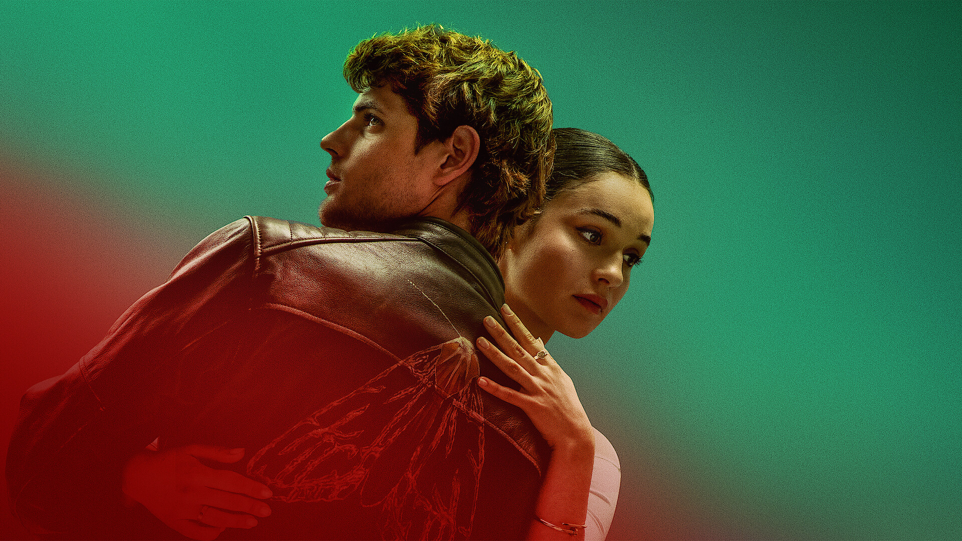 Bad Influence - two people on a red and green background hugging each other. 