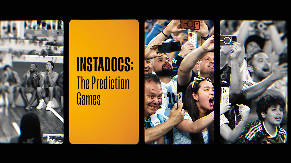 A sports documentary poster showing cheering fans at a stadium, excited spectators taking photos, and the title “INSTADOCS: The Prediction Games” in bold yellow, emphasizing competition and lively crowd atmosphere.