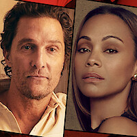 Two adults facing forward in close-up portraits, set indoors with soft, warm lighting and neutral backgrounds, separated by a diagonal line.