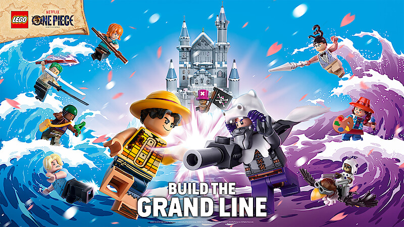 LEGO pirate and fantasy minifigures from ONE PIECE in an ocean battle with waves, castle in background, dramatic sky, and action poses, promoting "Build the Grand Line" with LEGO and Netflix branding.
