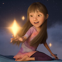 A girl sits on a bed floating through the night sky in 'In Your Dreams.'