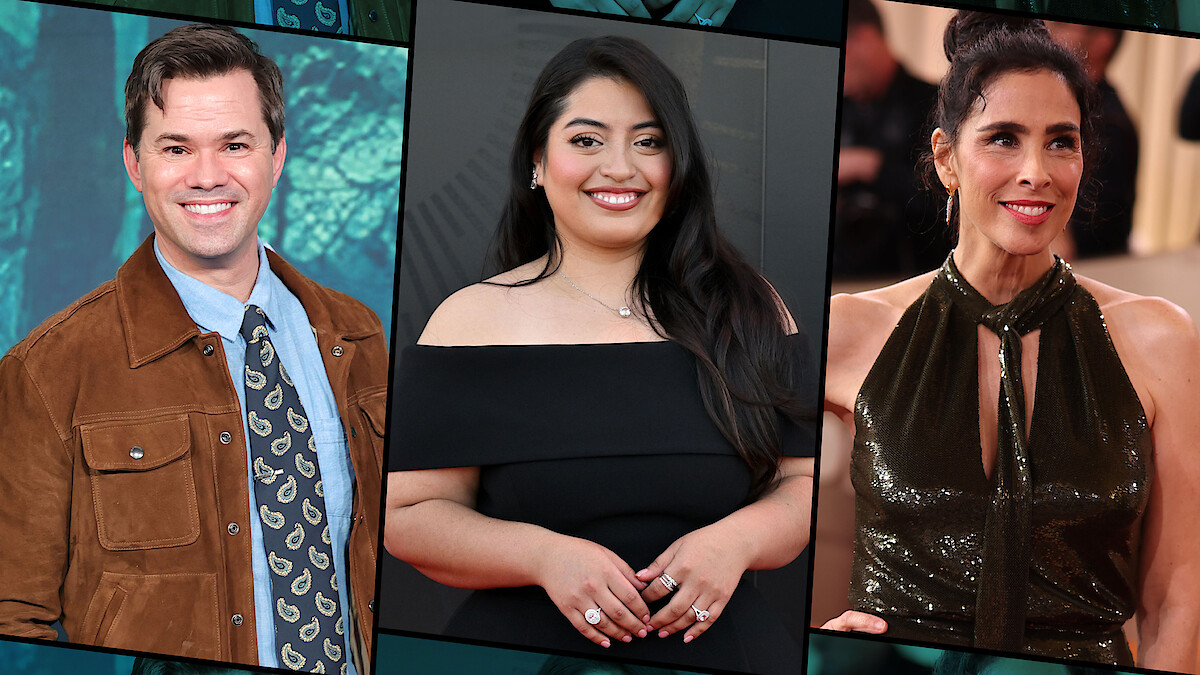 Three people are shown in individual portraits: a man in a brown jacket with a patterned tie, a woman in an off-shoulder black dress, and a woman in a sleeveless dark dress, each at different formal events or red carpet settings.