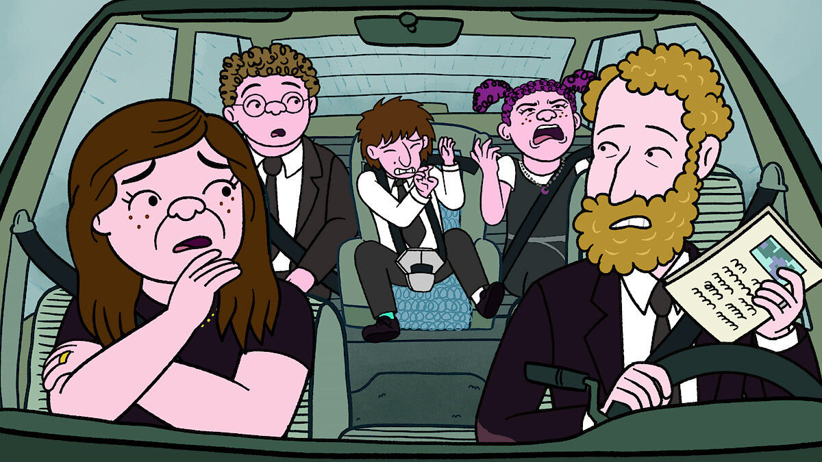 Lisa Edelstein as Naomi Schwartz, Ben Feldman as Avi Schwooper, Max Greenfield as Yoshi Schwooper, Abbi Jacobson as Shira Schwooper and Paul Reiser as Elliot Cooper in 'Long Story Short'