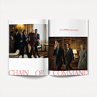Magazine spread showing professionally dressed people in formal office settings, some walking with purpose, others talking on the phone or standing, suggesting a political or business environment. Text reads "CHAIN OF COMMAND."