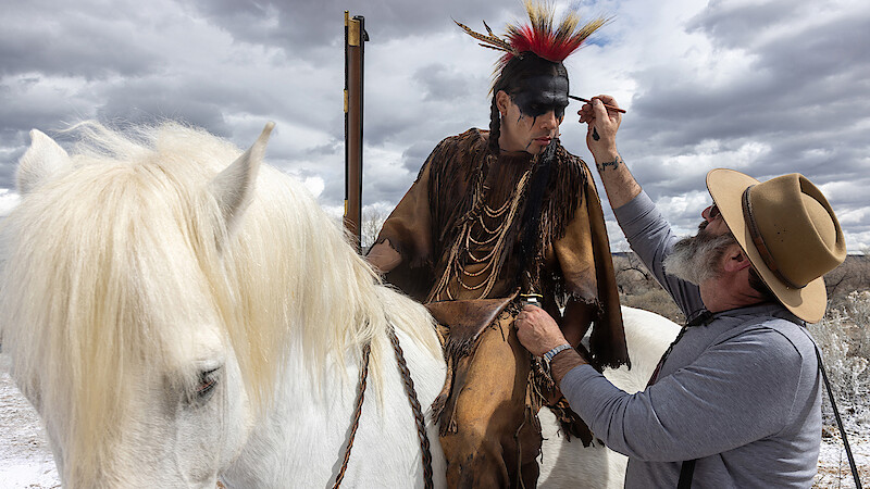 Derek Hinkey as Red Feather and makeup department head Howard Berger behind the scenes of 'American Primeval'