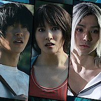 Three young adults with serious expressions, each in separate panels. One holds a weapon, another looks surprised, and the third has white hair. The environment is tense and dramatic, suggesting a suspenseful or action-filled scene.