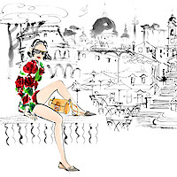 An illustration of Emily Cooper sitting on a carved stone ledge with the streets of Rome behind her, wearing the fabulous floral short and blouse set and fake Fendi Baguette purse that the marketing maven wore to meet the team at Fendi in Season 3 of Emily in Paris.