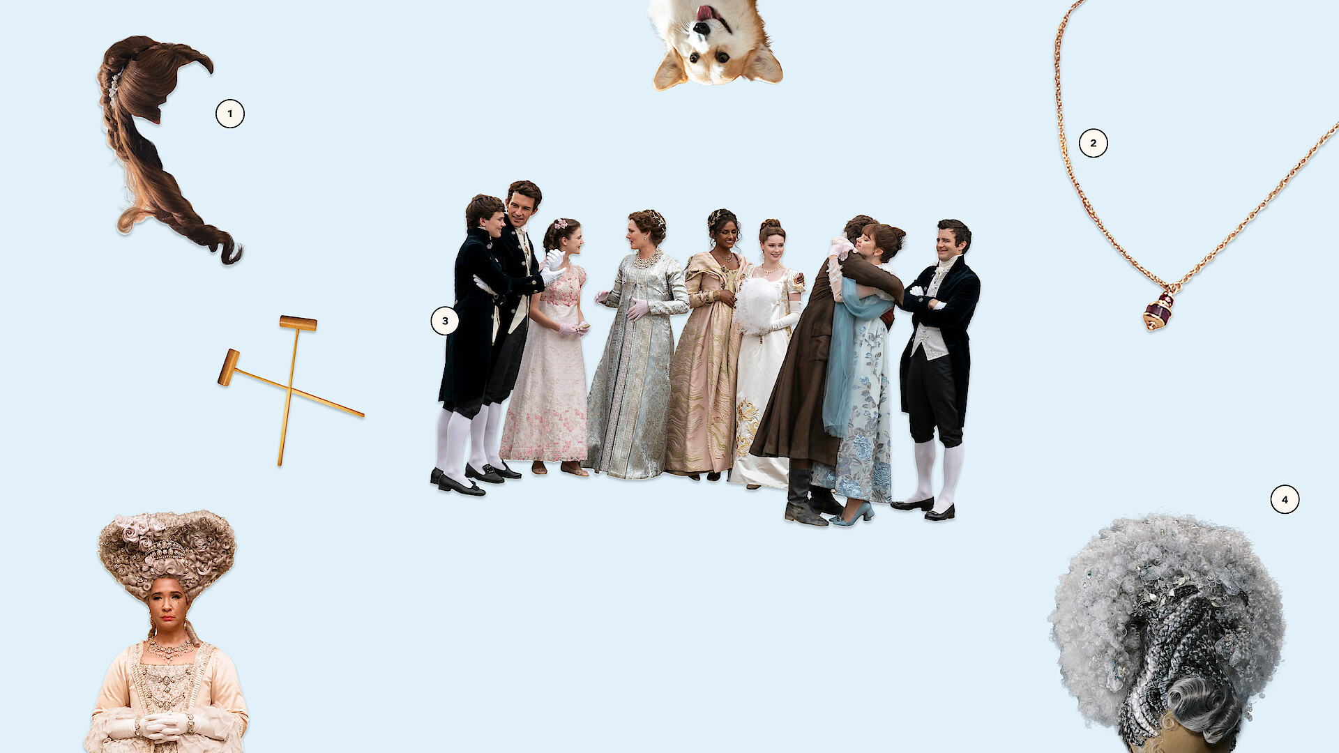 A group of people in elegant period costumes stand together, surrounded by various Regency-era items like croquet mallets, wigs, a corgi, a necklace, and feathers, all set against a light blue background.