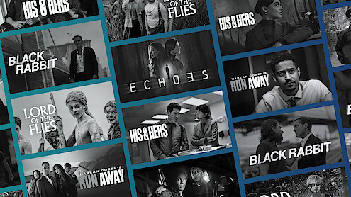 Collage of various TV show and movie promotional images including titles like Black Rabbit, His & Hers, Lord of the Flies, Echoes, and Run Away, with diverse characters displayed in dramatic settings.